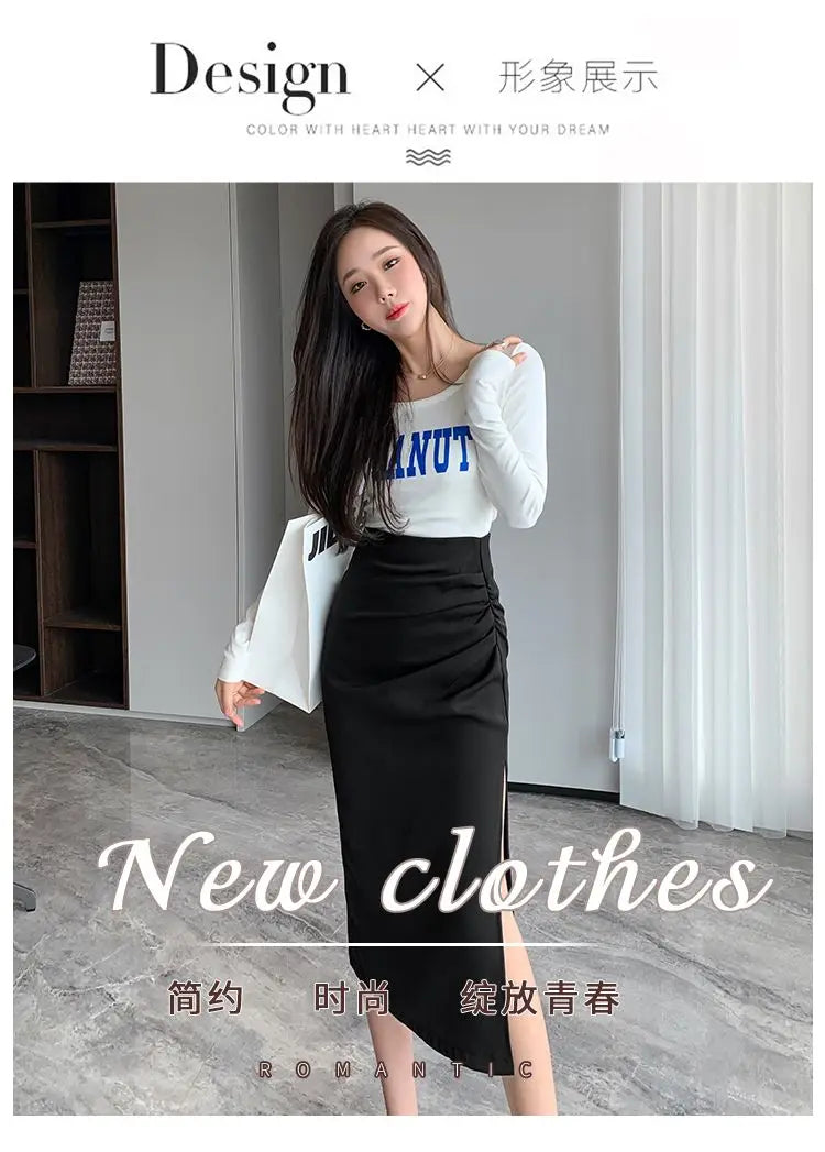 Slit Pleated Skirt for Women 2025 Summer New High-waist Slim Mid-length Versatile A-line Skirt