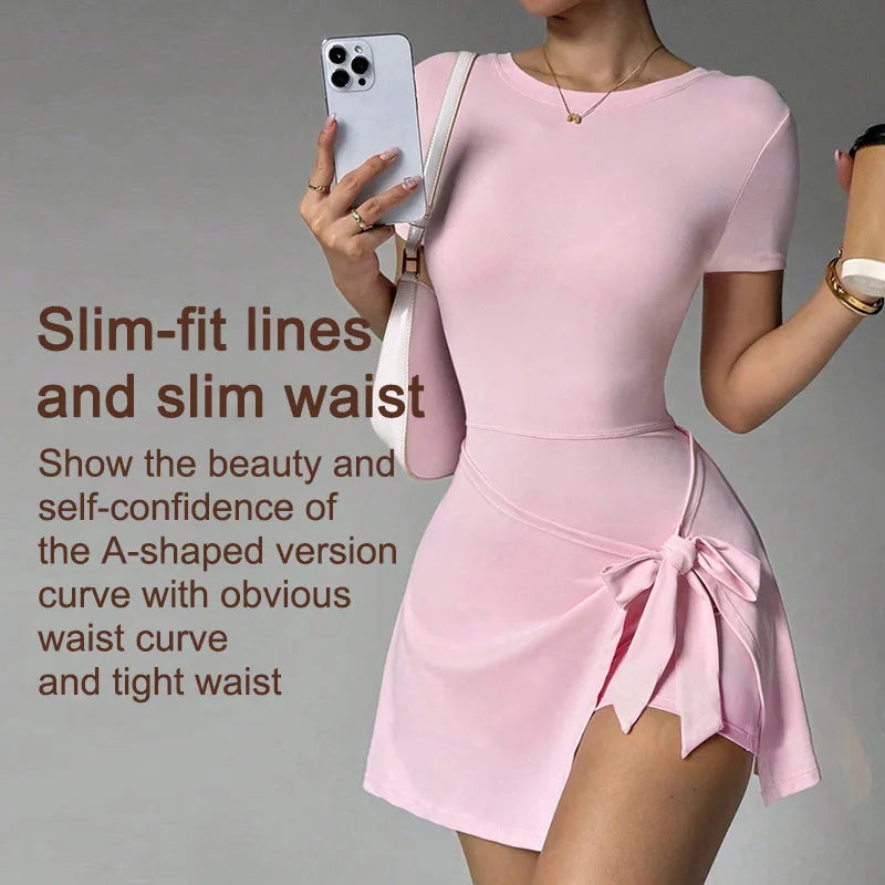 Women Yoga Bodysuit Short Dress Slimming Open Back Two Piece Look Anti See Through Athletic Tennis Skirt for Outdoor Workout