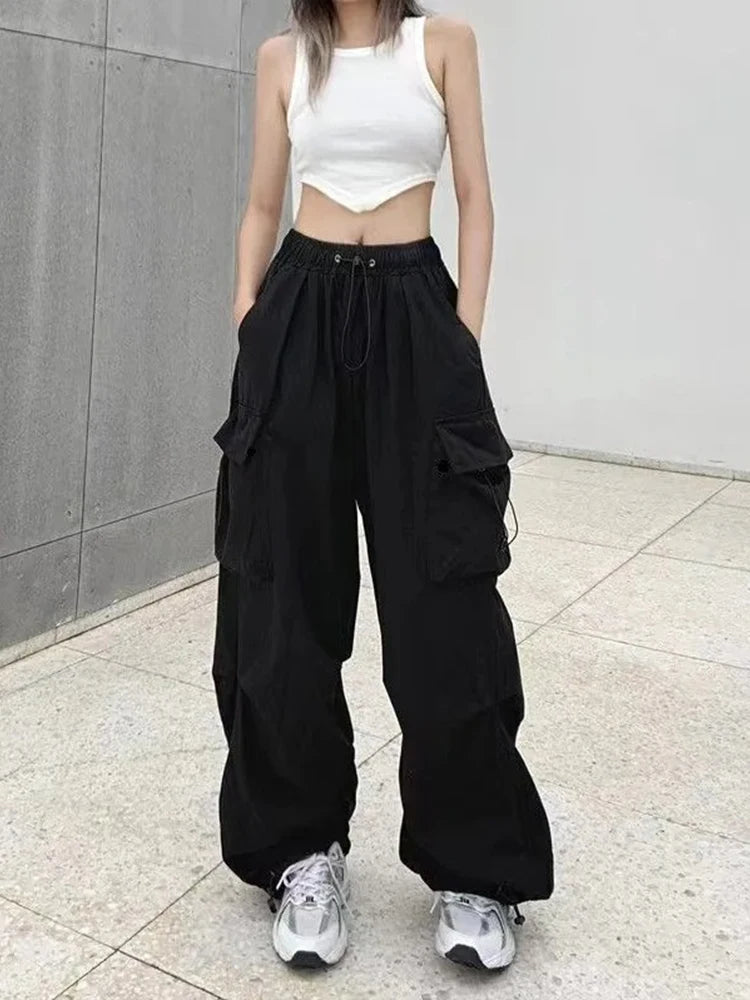 Women Casual Joggers Tech Pants Solid Low Waist Pants Drawstring Wide Leg Baggy Trousers Y2k Streetwear Oversize Sweatpants