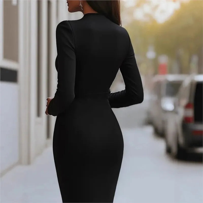Fashion Women's Dress New Fall Deep V-neck Waist-hugging Solid Color Long-sleeve Pencil Midi Black Dresses For Women Streetwear