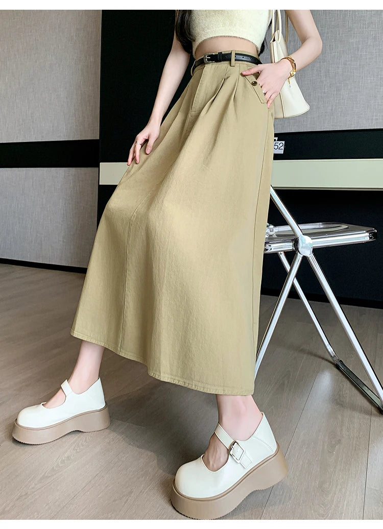Seoulish Denim Skirts for Women 2024 Spring Summer New High Waist A-line Large Hem Office Lady Umbrella Skirt Pleated Long Skirt