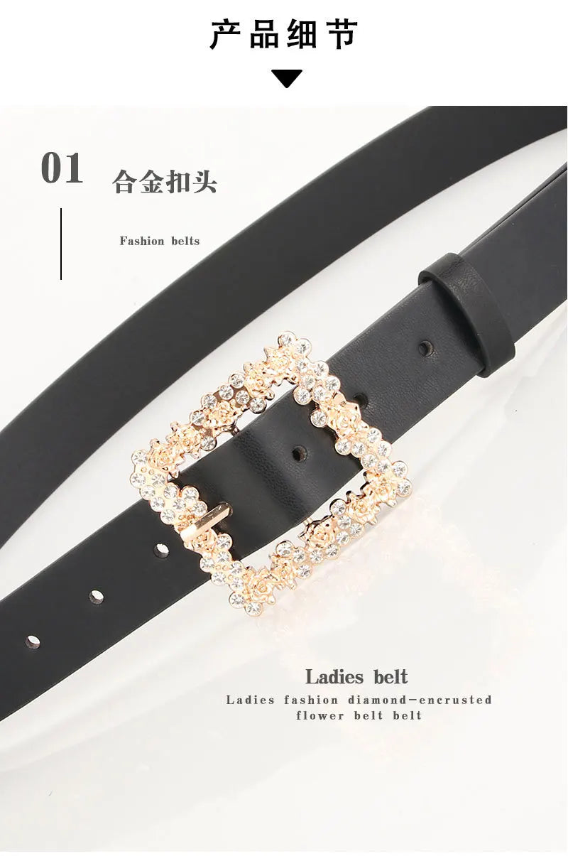 Fashionable Belts for Woman Shiny Rhinestone Beautiful Square Wreath Metal Buckle Solid Color PU Belts