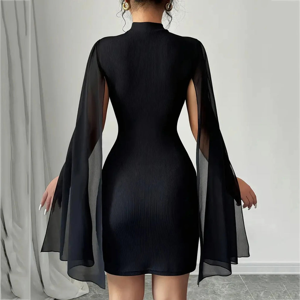 Elegant Black Party Dresses for Women Round Neck Ribbed Cape Bodycon Dress Stylish and Sexy Hip Wrap Short Dress Ladies'Clothing