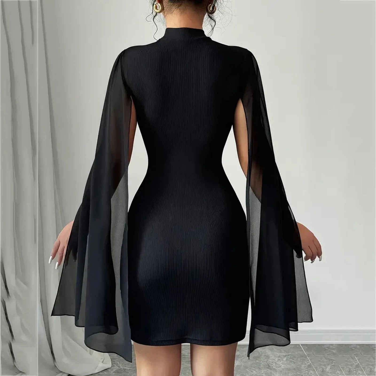 Elegant Black Party Dresses for Women Round Neck Ribbed Cape Bodycon Dress Stylish and Sexy Hip Wrap Short Dress Ladies'Clothing