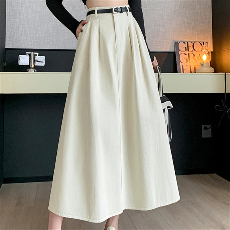 Seoulish Denim Skirts for Women 2024 Spring Summer New High Waist A-line Large Hem Office Lady Umbrella Skirt Pleated Long Skirt