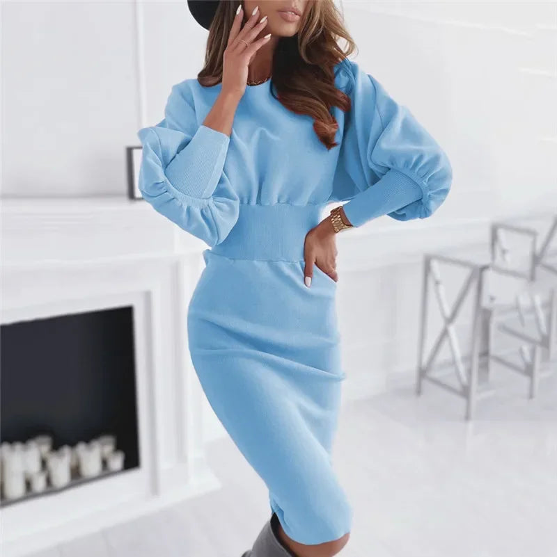 Women Elegant Office Lantern Sleeve Party Dresses Ladies O Neck Bodycon Dress Autumn Winter Solid  Midi Dress 2024 Vestidos