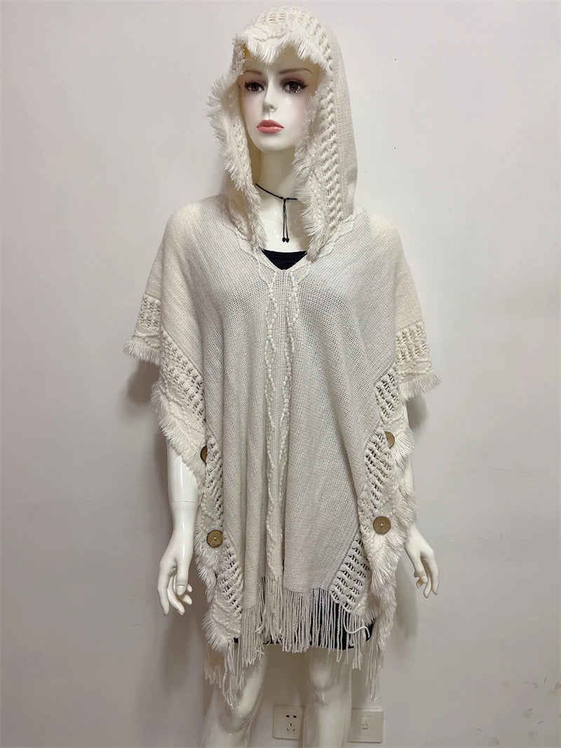 Hooded Crochet Cloak Poncho Shawl - Boho Chic Fringed Knit Wrap for Women, Spring-Autumn Versatile Outerwear
