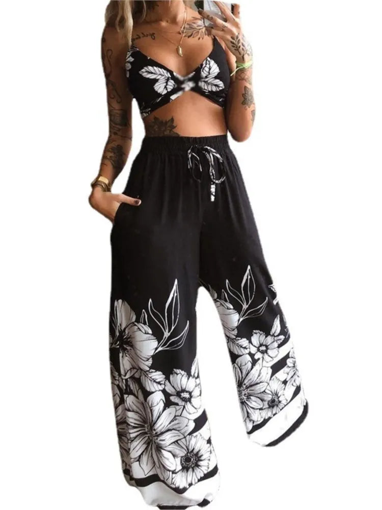 Sexy Two Piece Set Women Outfit 2025 Summer Butterfly Print V-Neck Cropped Top High Waist Drawstring Casual Wide Leg Pants Sets