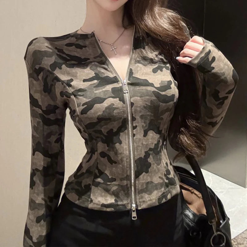 Women Tank Tops Backless Sexy Outfits Long Sleeves Cross Lace Up Bralette Crop Top autumn Streetwear zipper camouflage uniform