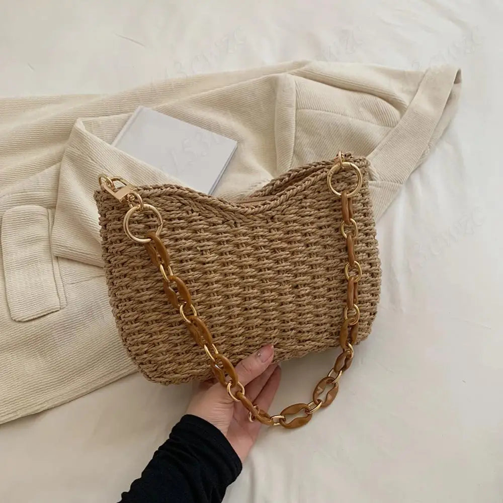 Straw Purse for Women with Chain Woven Shoulder Bag Zipper Underarm Bag Large Capacity Clutch Purse for Travel Vacation