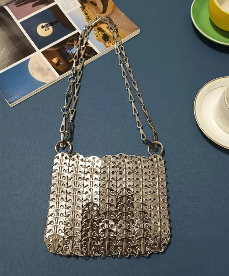 Women's Bag 2025 Trend luxury Designer Handbag Metal Chain Tote Bag Hollow Evening Bag Clutch Female Travel Holiday Shoulder Bag