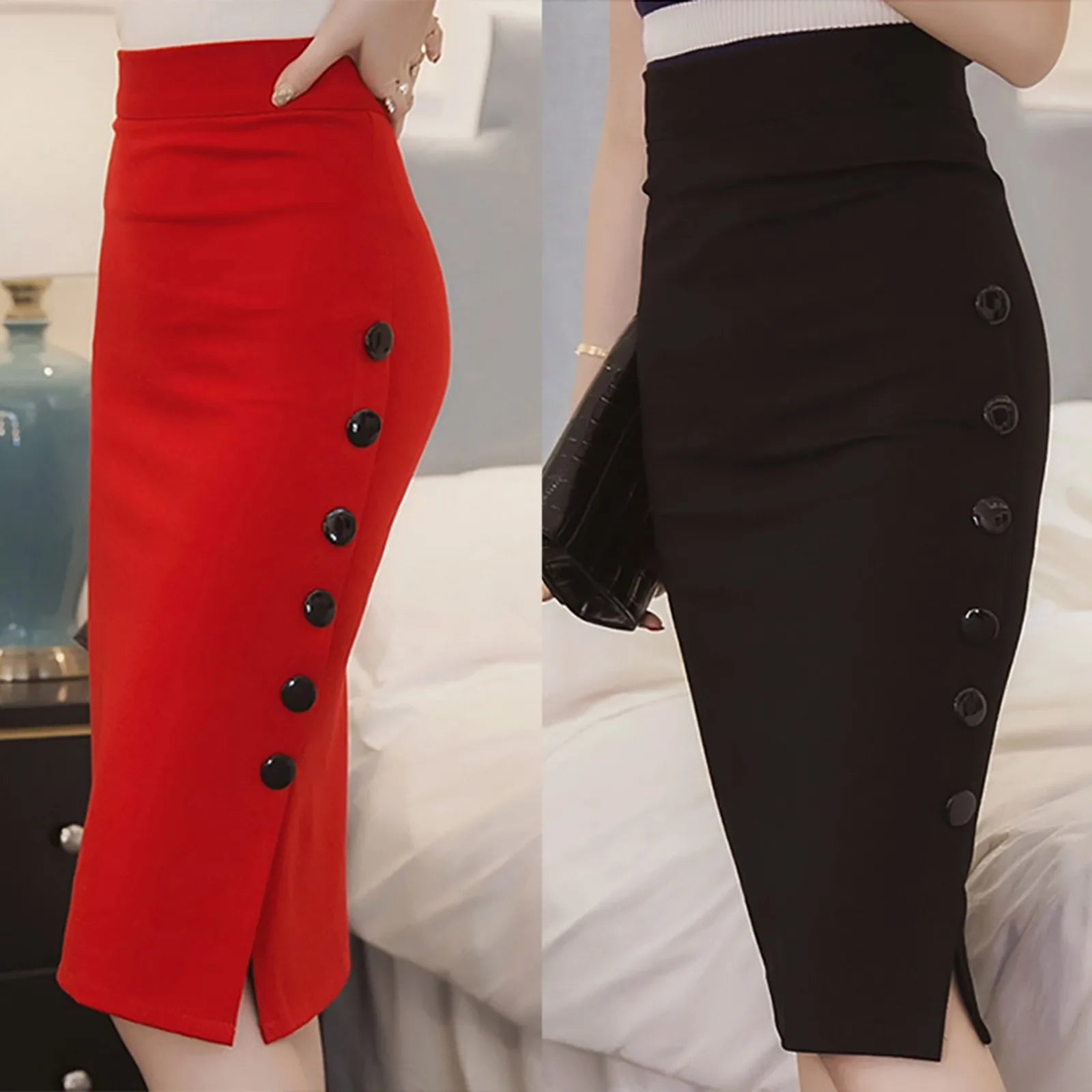 Elegant Women Vintage Office Skirt Lady Slim High Waist Buttons Slit Pencil Skirts Women Summer Sexy Stretch Midi Skirts