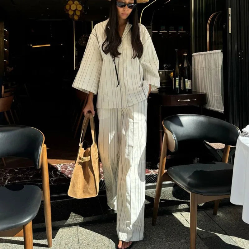 Elegant Women 2 Piece Pajama Set Striped Long Sleeve Button Down Shirt and Straight Leg Pants Loungewear