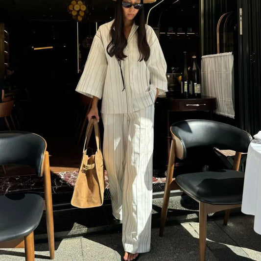 Elegant Women 2 Piece Pajama Set Striped Long Sleeve Button Down Shirt and Straight Leg Pants Loungewear