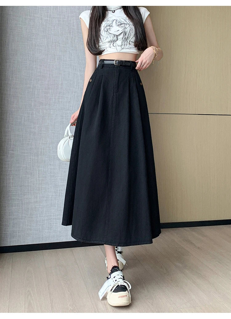 Seoulish Denim Skirts for Women 2024 Spring Summer New High Waist A-line Large Hem Office Lady Umbrella Skirt Pleated Long Skirt