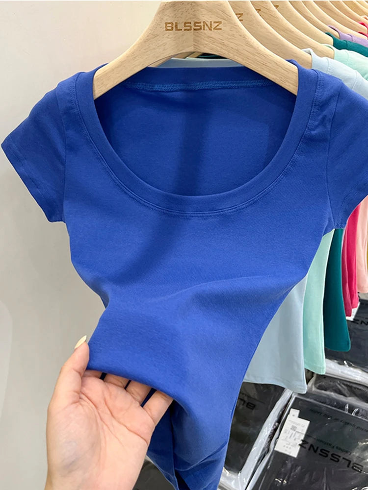 2025 Sexy Square Collar Slim T Shirt Women Cotton Elastic Basic Solid Female Casual Tops Short Sleeve Thin T-shirts See Through
