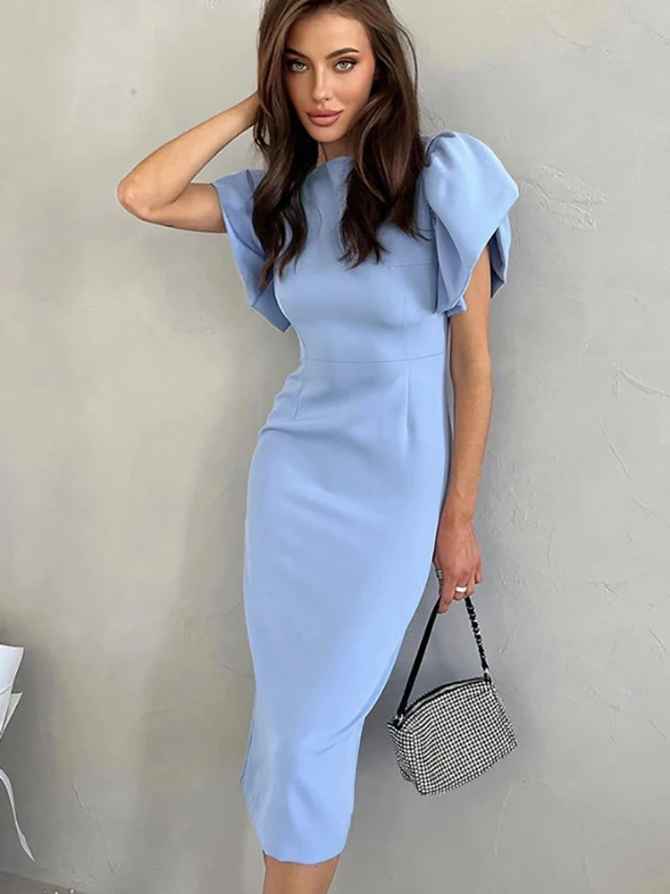 Elegant Bodycon Midi Dresses For Women Summer Casual Ruffle Sleeve Slit Office Dress Fashion Chic Blue New In Dresses 2025