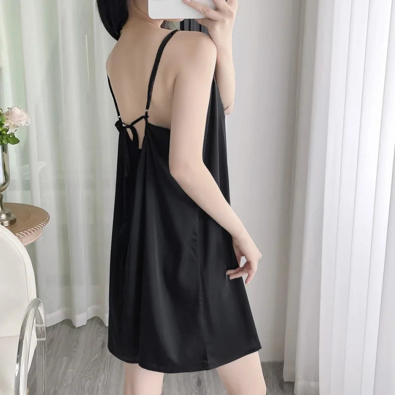 Solid Color Satin Slip Nightdress Sexy Backless Sleep Dress Women's Sleepwear Nightwear