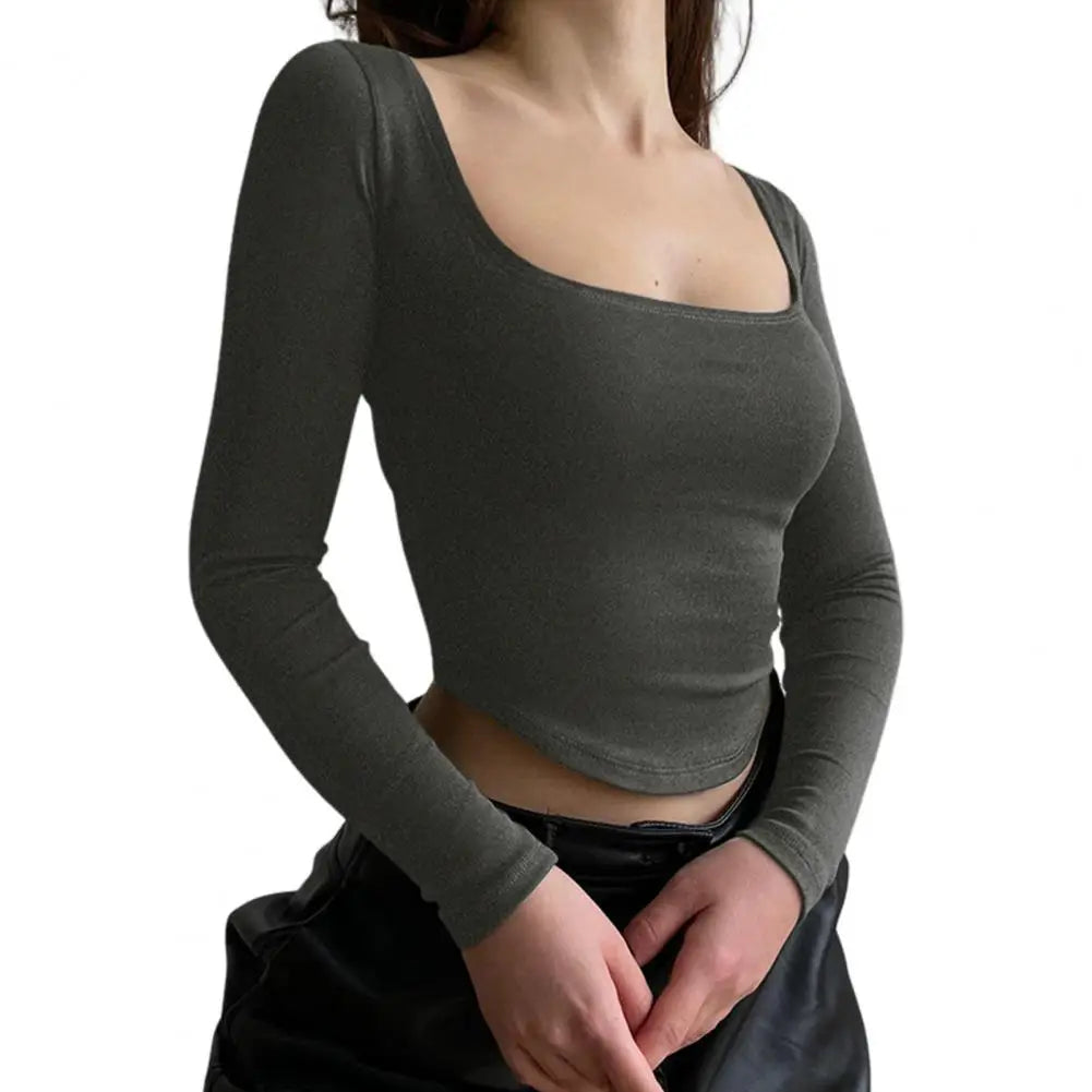 Short Blouse Elegant Square Neck Crop Top for Women Slim Fit Knitted Short T-shirt with Long Sleeves Pure Color Elastic for Club