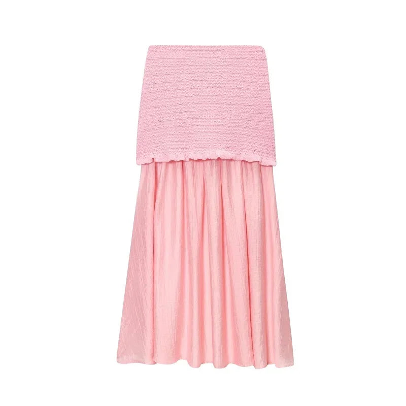 MUJER Pink Knit Skirt Set 2 Piece Woman Pleated Long Skirts for Women off Shoulder Ruffle Top Women's Skirts Set Summer Outfit