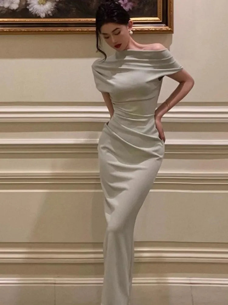 Elegant Solid Bodycon Evening Party Dresses for Women Fashion Off Shoulder Prom Vestidos Summer Korean Robe Female Clothing
