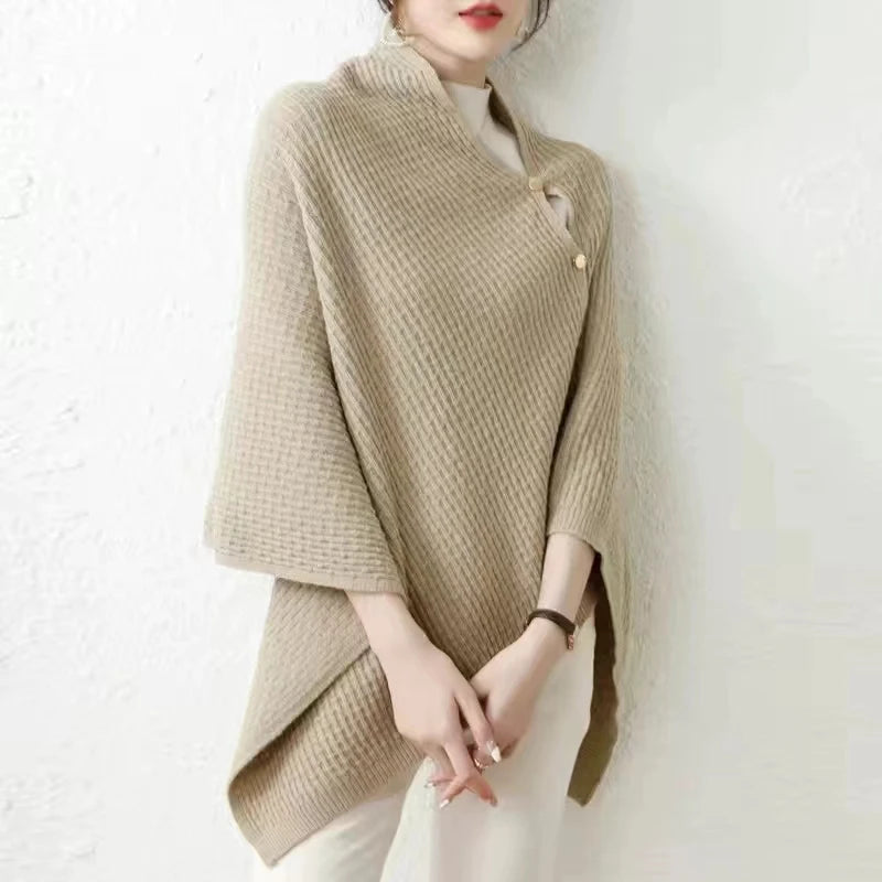 Warm Knitted Plain Color Scarf Thick Single Breasted Wool Shawl Wrap Women Cape Open Side Woven Cardigan Poncho Stole