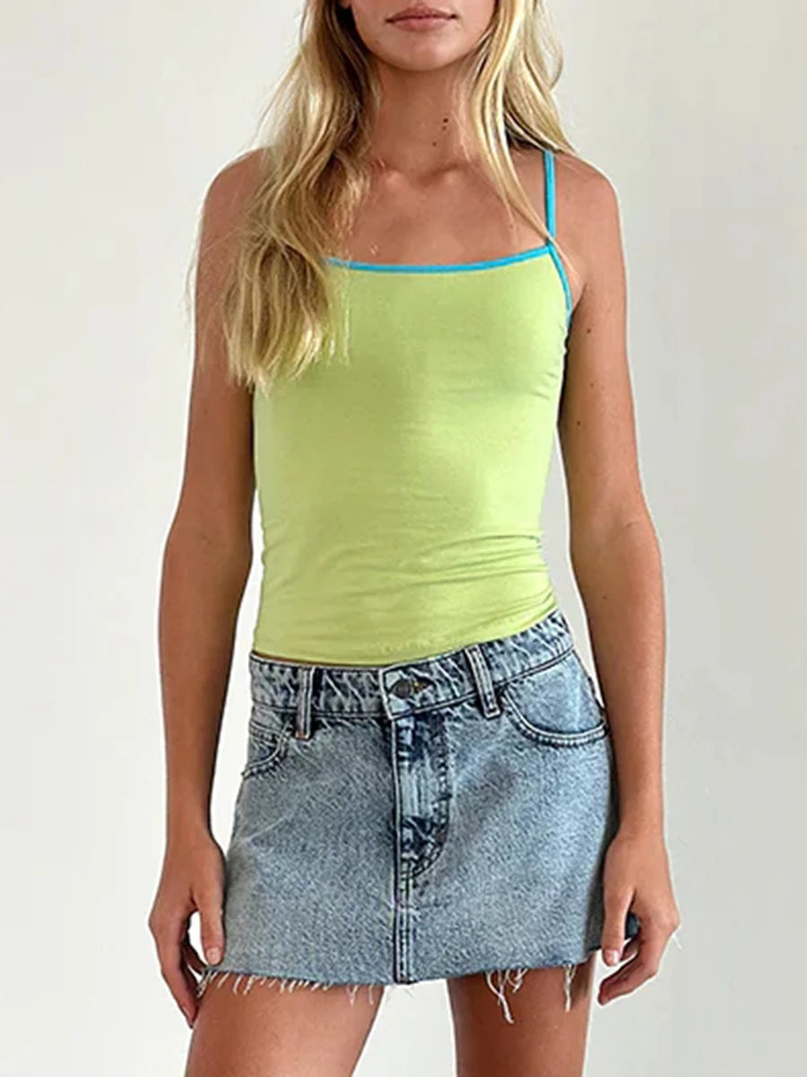 Women Spaghetti Strap Tank Top Scoop Neck Contrast Trim Crop Cami Top Y2K Aesthetic Sleeveless Fitted Basic Tops Streetwear