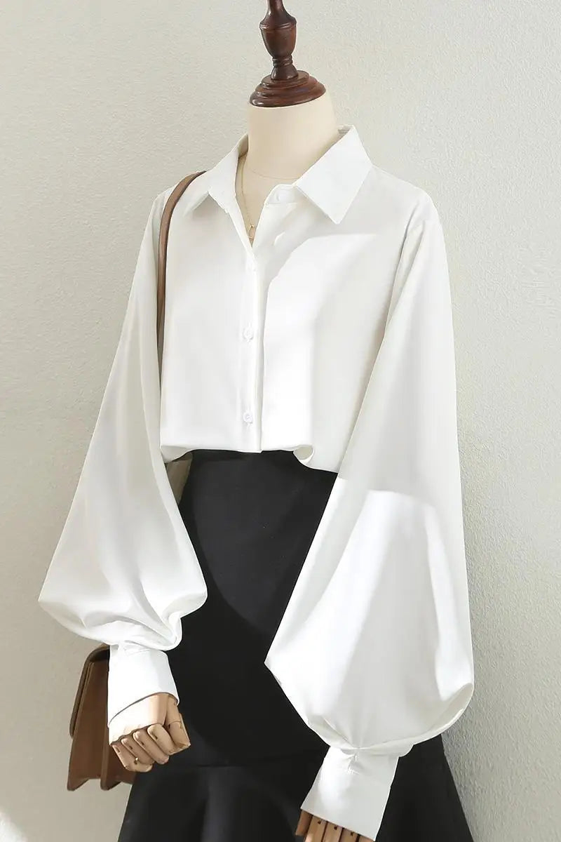 Blouses Tops Women White Black Long Lantern Sleeve Office Lady Temperament Autumn Winter Basic All-match Design Chic Female New