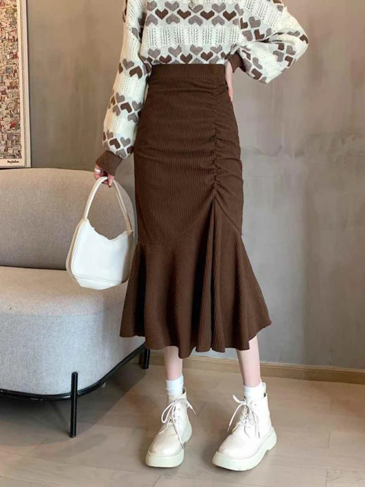 Fashion High Waist Midi Skirts for Women 2023 Spring Slim Fit  Hip Mermaid Skirt Woman Korean Ruffles Brown Skirts 2XL