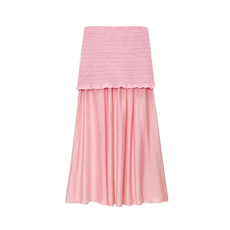 MUJER Pink Knit Skirt Set 2 Piece Woman Pleated Long Skirts for Women off Shoulder Ruffle Top Women's Skirts Set Summer Outfit