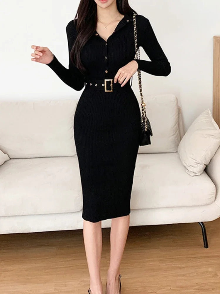 Elegant Sexy Single Breasted Stand Collar Long Sleeve Bodycon Dress Solid Color Stretch Knit Tight  Slim Autumn Winter Dresss