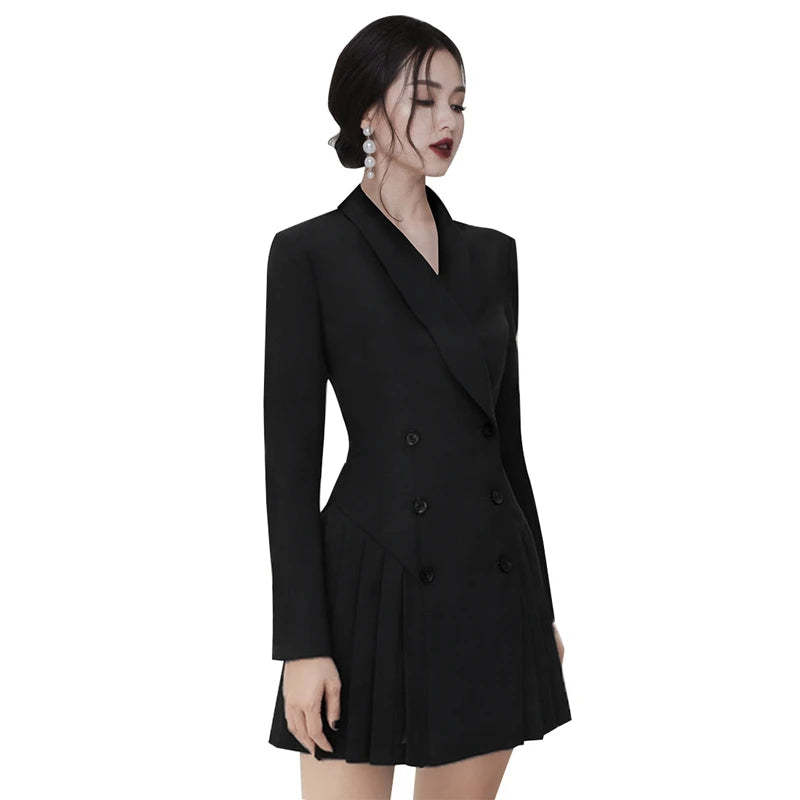 Trendy Early Autumn Bla Suit Dr V-Ne Long Sve Pleated Slimming OL Dr Faionable Women's  Dr for Young Ad...