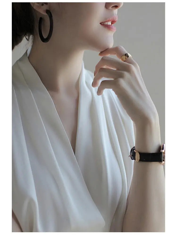 2025 New Summer Satin Tank Top Women's Blouses Sleeveless Solid Cross V-neck Casual Korean Elegant Vest Shirts for Womens