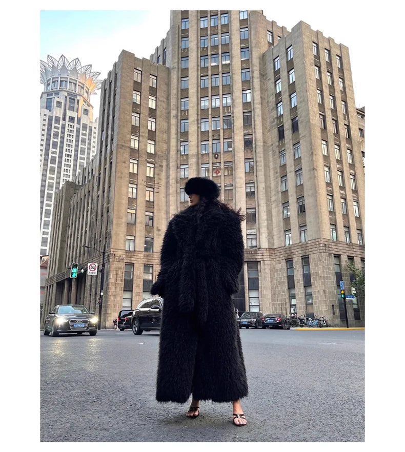 Lautaro Winter Extra Long Soft Thick Warm Fluffy Black Fuzzy Shaggy Hairy Faux Fur Coat Women Sashes Luxury Furry Overcoat 2023