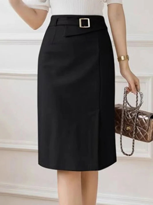 Fashion Work Slim Skirt Woman Vintage Zipper Pencil Midi Skirts Elegant OL Button Overskirts Female Autumn Solid Dresses