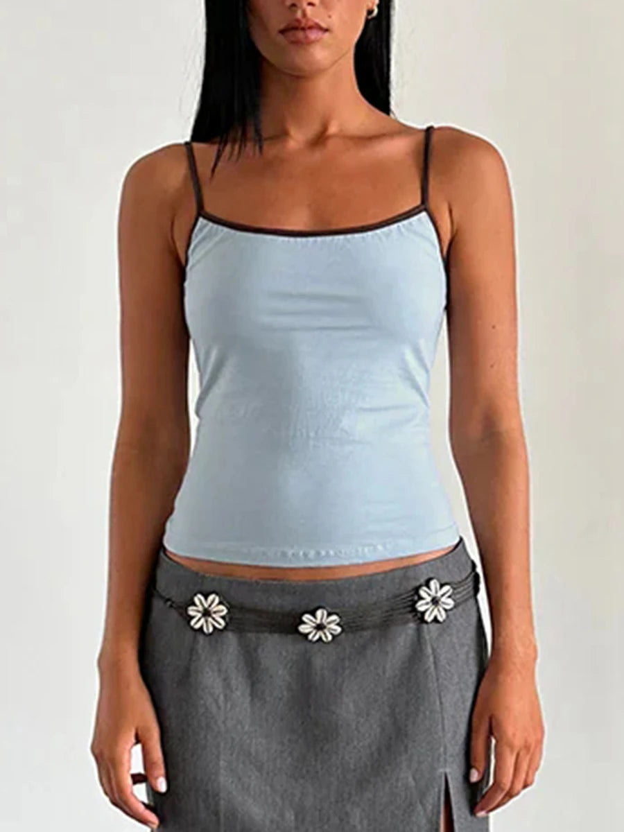 Women Spaghetti Strap Tank Top Scoop Neck Contrast Trim Crop Cami Top Y2K Aesthetic Sleeveless Fitted Basic Tops Streetwear