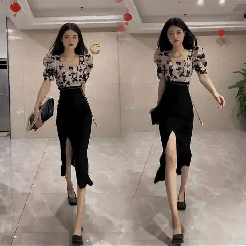 Skirt Suits Women's Two Piece Set Short Sleeve Long Maxi Sexy Female Outfits Slit Party Jacket Vacation 2025 Top and Bottom Full