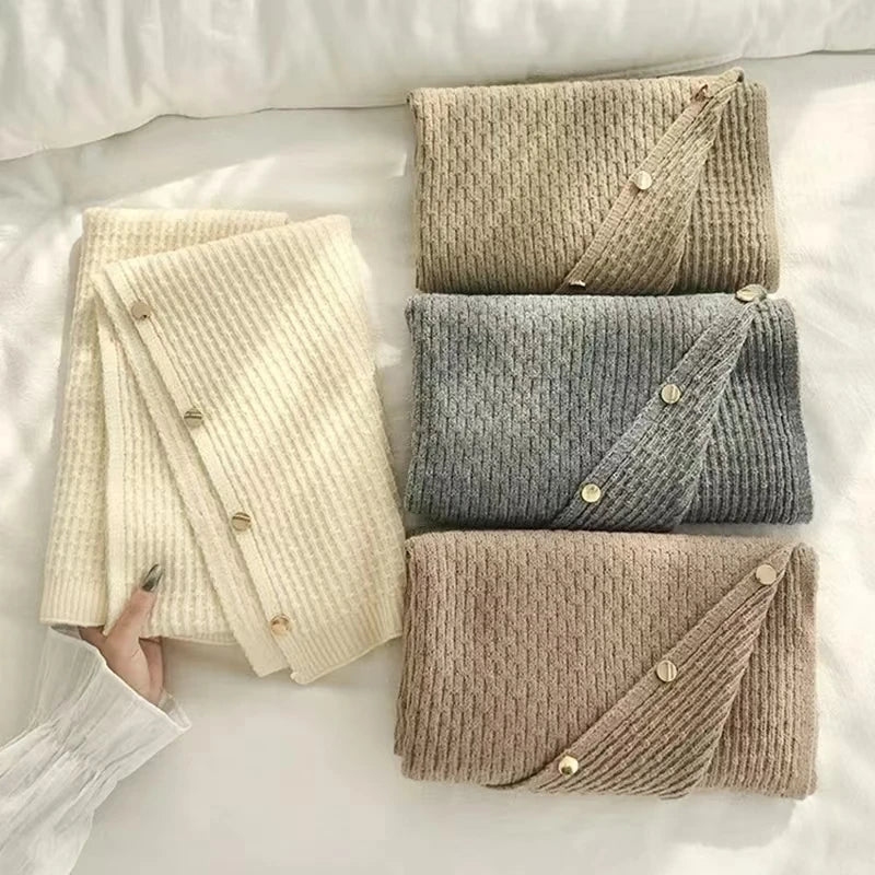 Warm Knitted Plain Color Scarf Thick Single Breasted Wool Shawl Wrap Women Cape Open Side Woven Cardigan Poncho Stole