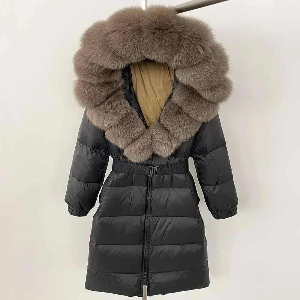 90% White Duck Down Coat New Natural Thick Warm Long Winter Jacket Women Real Big Fox Fur Collar Belt Loose Puffer Parka