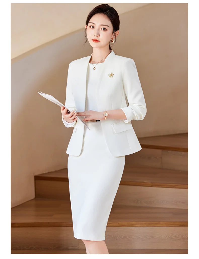 NAVIU Two Piece Dress Suits For Women Long Sleeve Solid Slim Fit Fashionable Momochromatic New Office Ladies Work Wear White