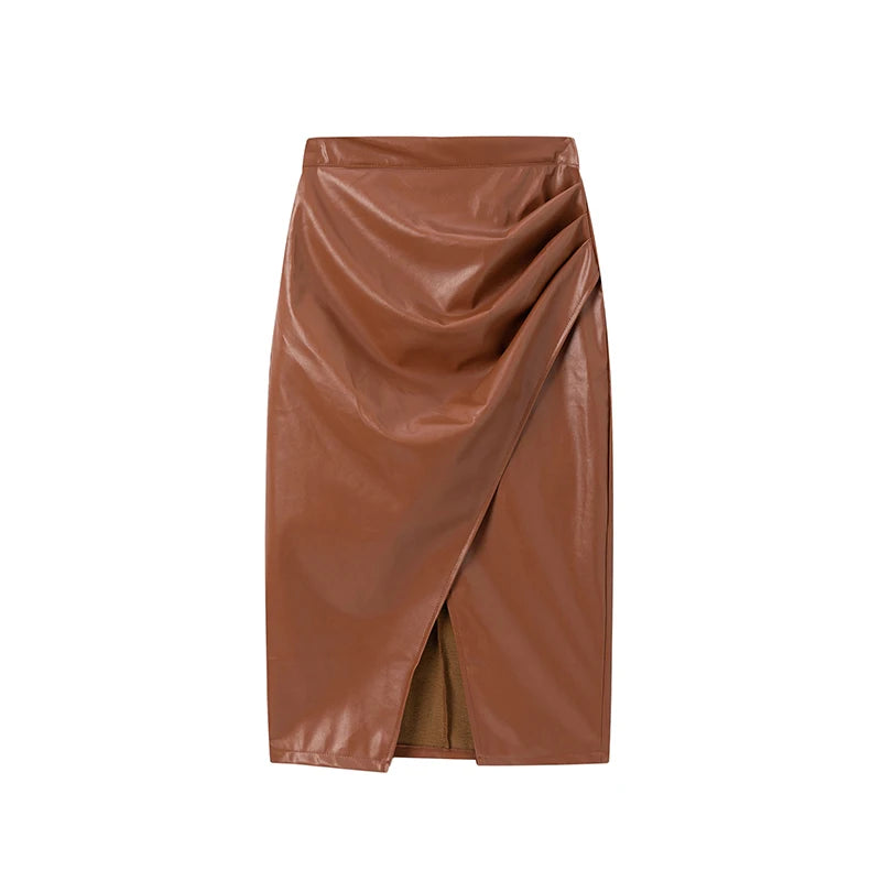 2025 Spring/Summer Women's PU Split Skirt High Waist Zipper Fold Leather Skirt European and American Sexy Hip Bag Skirt