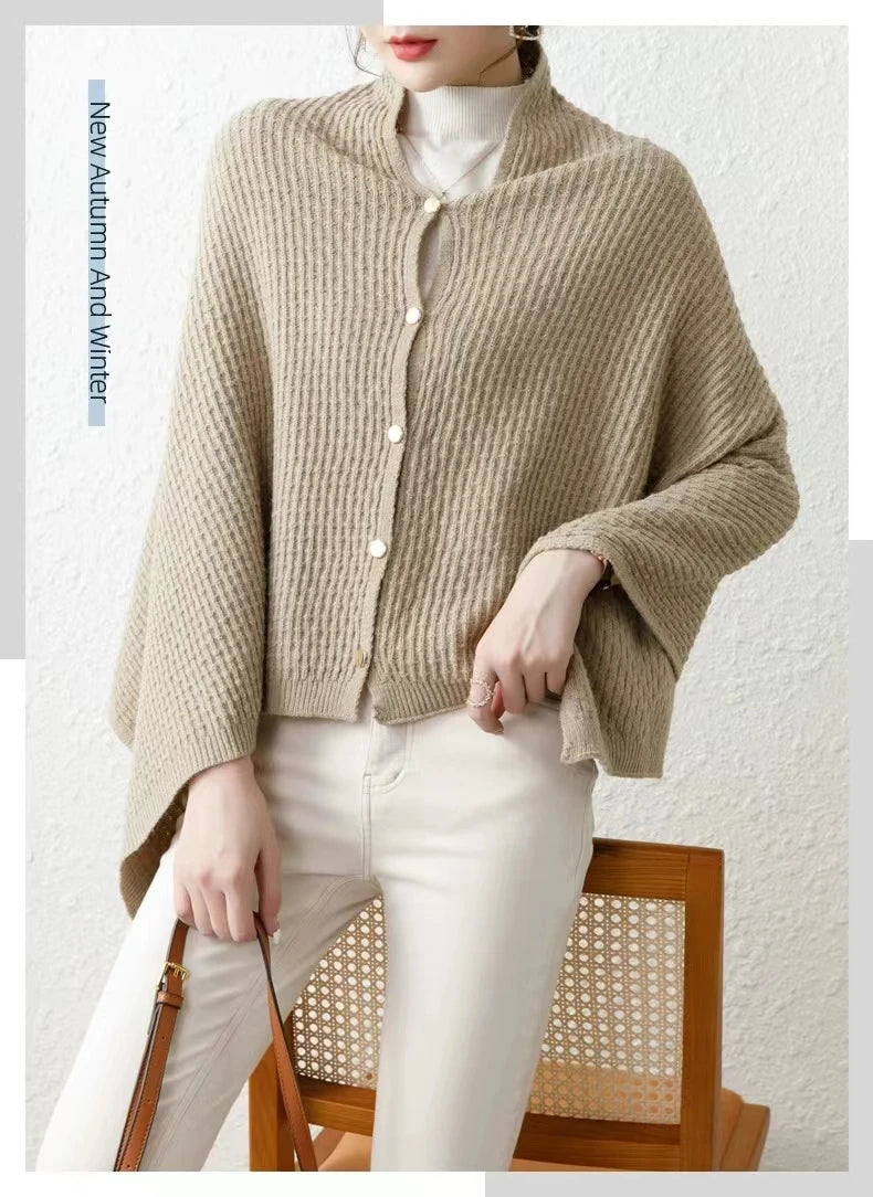 Warm Knitted Plain Color Scarf Thick Single Breasted Wool Shawl Wrap Women Cape Open Side Woven Cardigan Poncho Stole