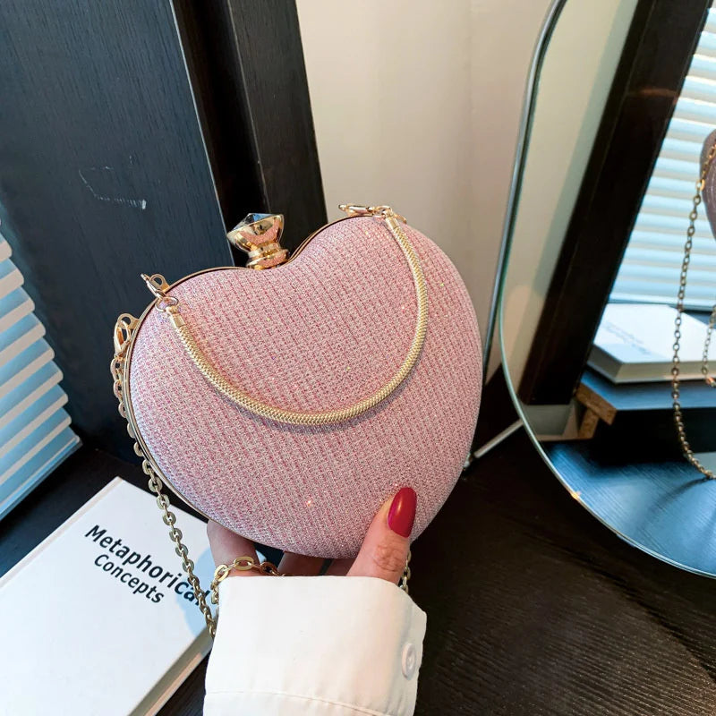 Evening Clutch Bag Women Bag Shiny Handbag Heart Shape Metal Clutches Bag Fashion Chain Shoulder Crossbody Bag Luxury Lady Purse