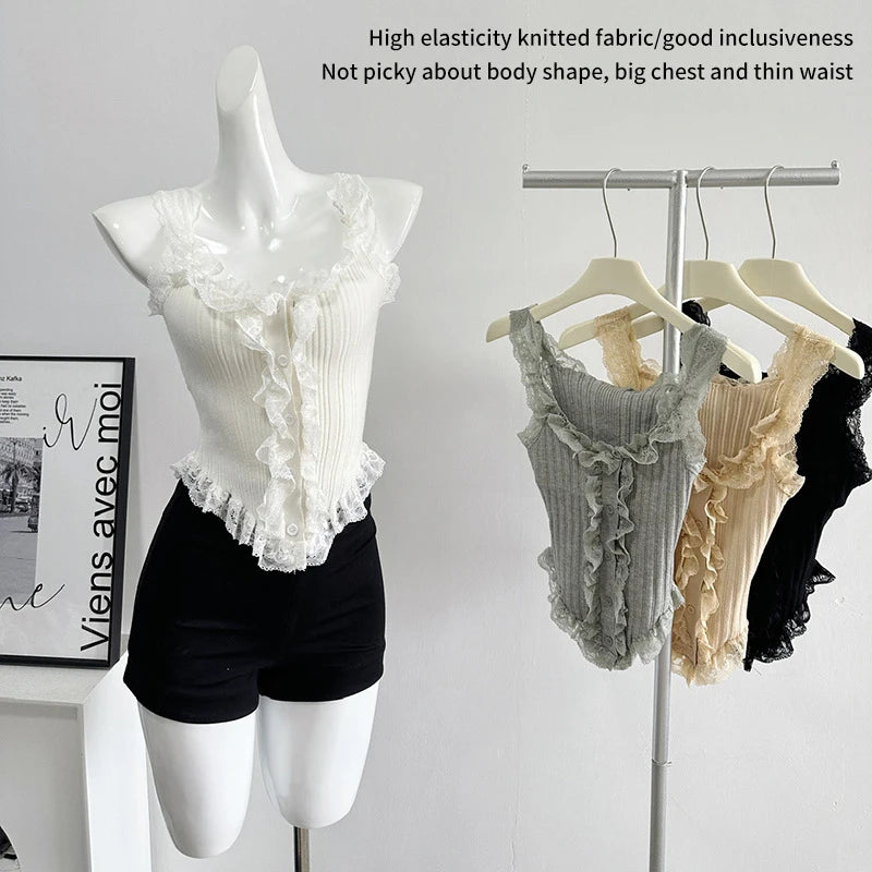 Sexy All-match Simple Lace Stitching Chic Tank Tops For Women Girls Fashion Sweet Casual Slim Fit Short Sleeveless Tank Tops