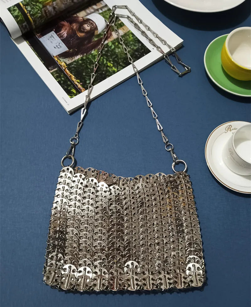 Women's Bag 2025 Trend luxury Designer Handbag Metal Chain Tote Bag Hollow Evening Bag Clutch Female Travel Holiday Shoulder Bag