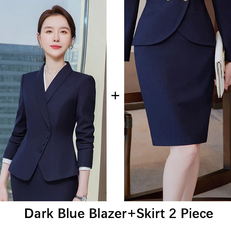 New Skirt Sets Long Sleeve Blazer Skinny Skirt 2 Piece Formal Women's Suit Sets for Business Navy Blue Apricot Work Uniform