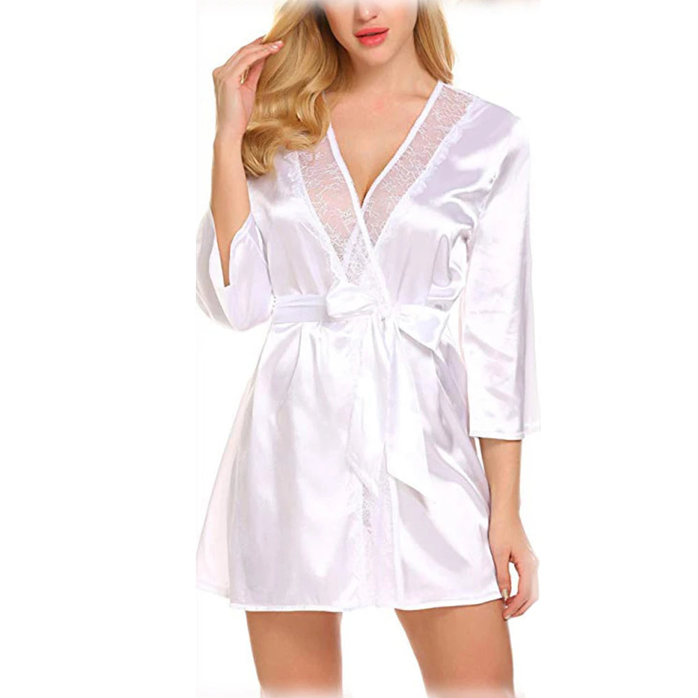 Women Satin Robes Summer Wrap Dressing Gown Bathrobe Nightgown Pajamas V-neck Sexy Oversized Imitation Silk Perspective Robes