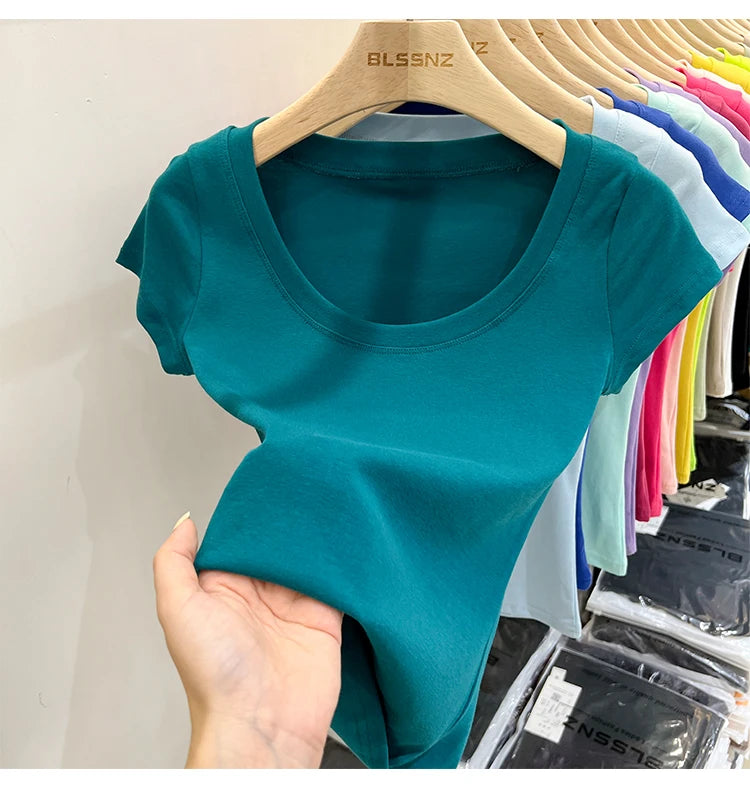 2025 Sexy Square Collar Slim T Shirt Women Cotton Elastic Basic Solid Female Casual Tops Short Sleeve Thin T-shirts See Through