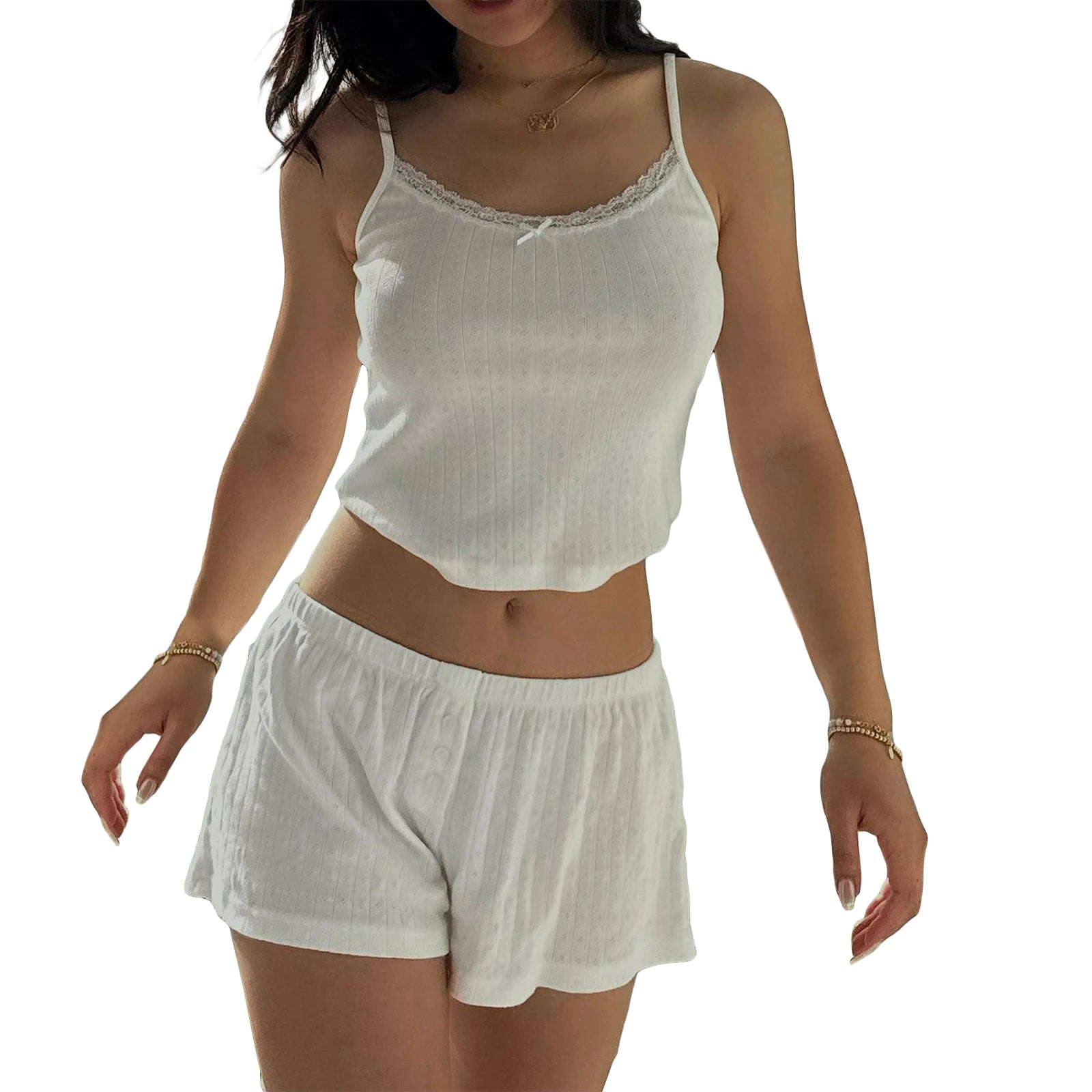 Women s Summer Loungewear Set Lace Trim Cami Tops with Elastic Waist Button Shorts 2 Pieces Pajamas
