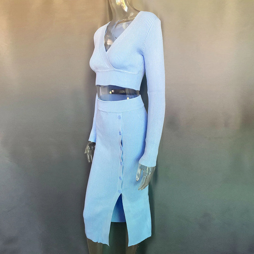 Talenza Knitted Slim Fit Slit Skirt Set 2 Piece Women's Solid Color Pullover Top Long Skirt Set Long Sleeve Women's Suit Skirt